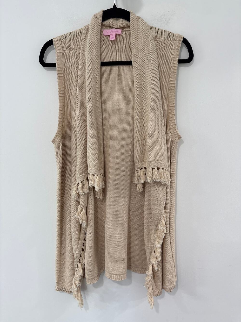 Lilly Pulitzer Gold Sleeveless Cardigan Sweater Vest Fringe Trim Size M